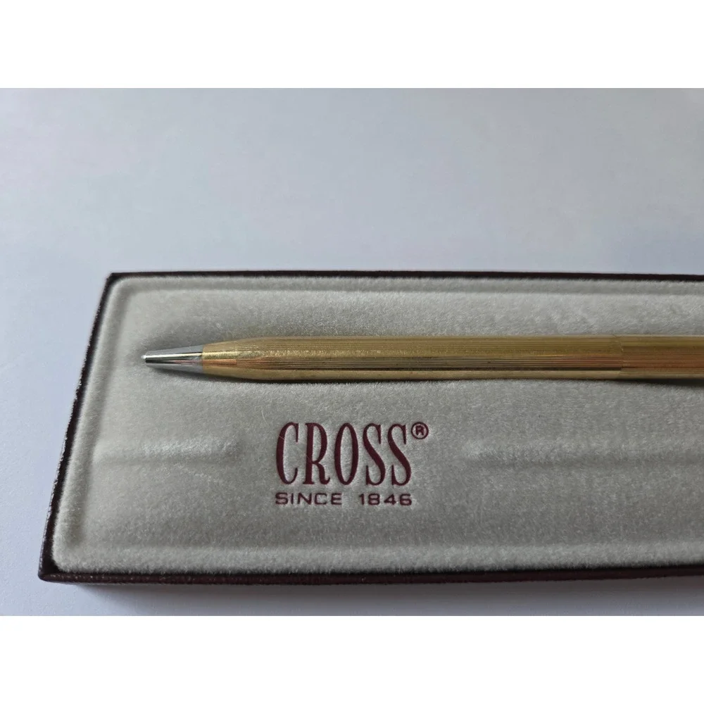 Vintage Cross Gold Tone Ballpoint Pen 2202 Pinstripe with Burgundy Box